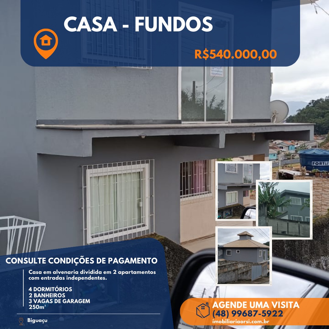 Sobrado com 4 Quartos à Venda, 250 m²em Fundos - Biguaçu