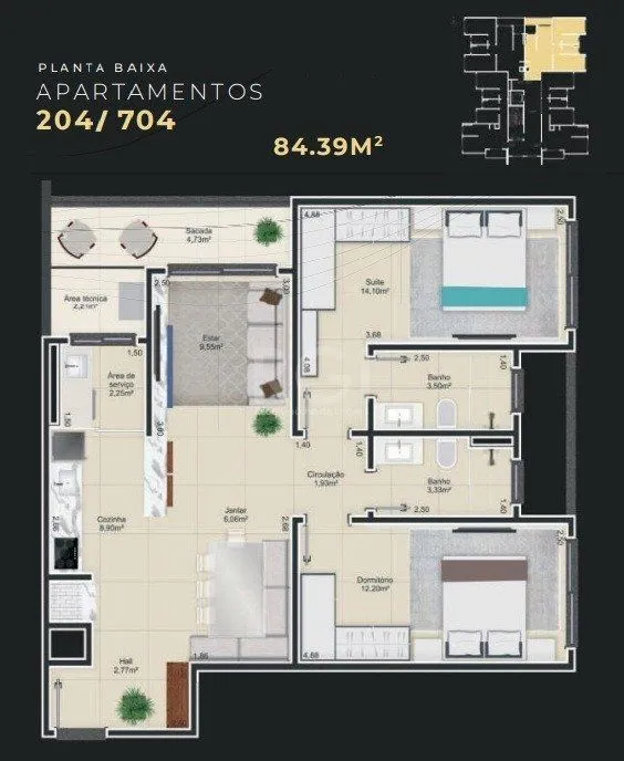 Imagem Apartamento para Venda - 84.39m², 2 dormitórios, sendo 1 suites, 1 vaga - Centro