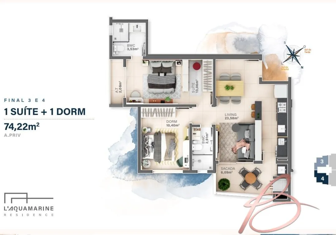 Imagem Apartamento 2 dormitórios sendo 1 suíte com 74,22m² no Fazenda, Itajaí/SC