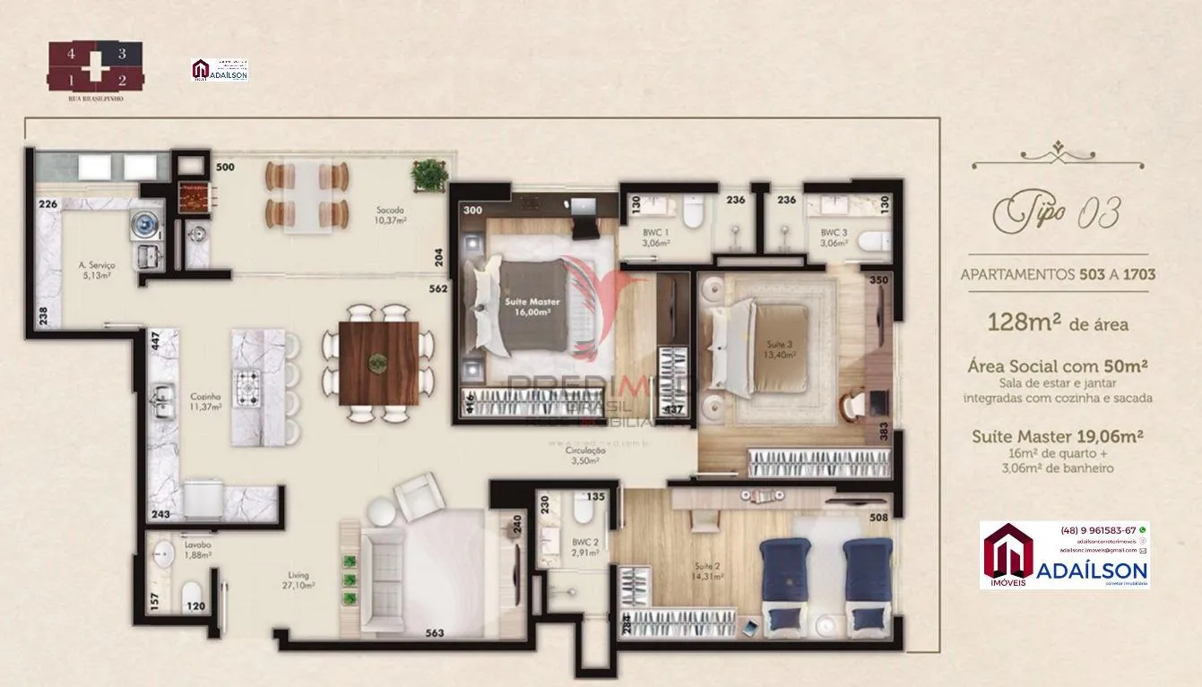 Imagem Apartamentos com três suítes no bairro Kobrasol em São José SC Venda R$ 1.357.000,00 RDO