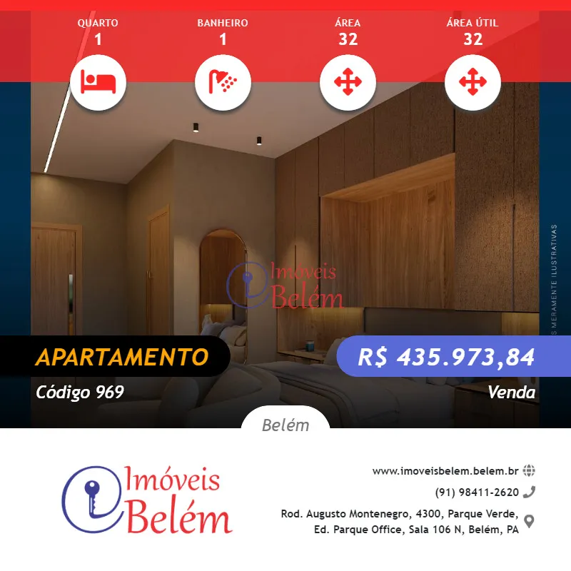 Imagem Imóveis Belém vende Sky Tower Studio na planta 32m²