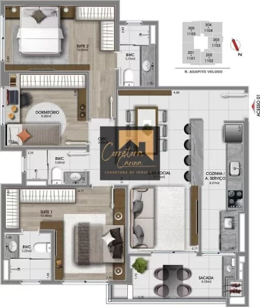Imagem Apartamento no 2º andar com 96,50m² privativos, 3 quartos sendo 2 suítes e 1 quarto de solteiro t...