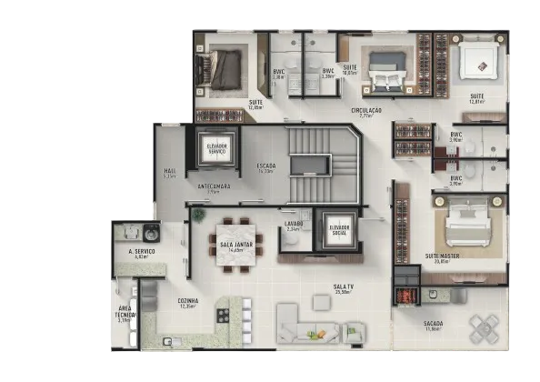 Imagem Apartamento de Luxo no Centro de Balneário Camboriú-SC: 4 Quartos, 4 Suítes, 5 Banheiros, 4 Vagas de Garagem, 220m² de Área