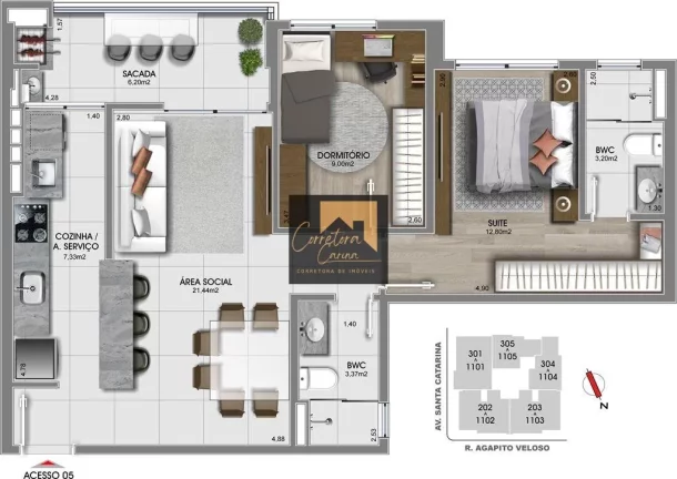Imagem Apartamento no 8º andar com 75,99m² privativos, 2 quartos sendo 1 suíte com persianas! Sala de es...