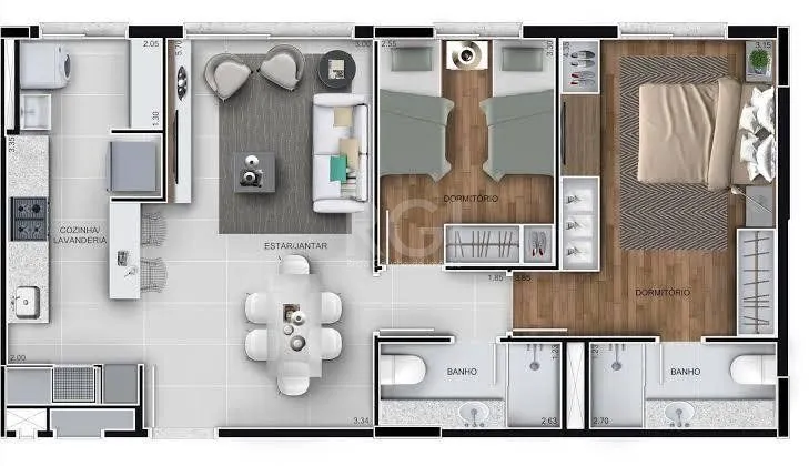 Imagem Apartamento para Venda - 60.6m², 2 dormitórios, sendo 1 suites, 1 vaga - Marechal Rondon