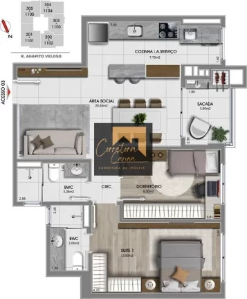 Imagem Apartamento no 3º andar com 70,90m² privativos, 2 quartos sendo 1 suíte com persianas! Sala de es...