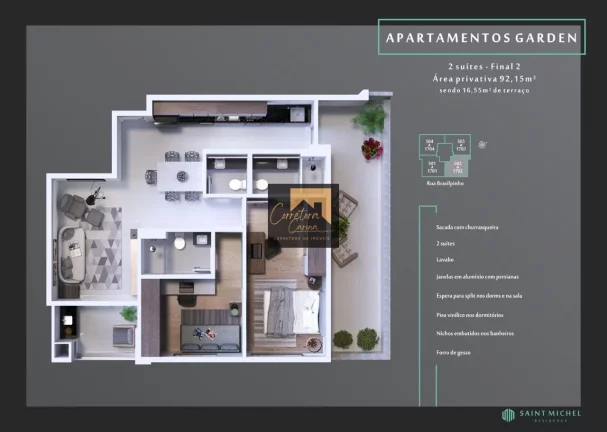 Imagem Apartamento no 14º andar com 75,60m² privativos, 2 quartos sendo 2 suítes com persianas integrada...