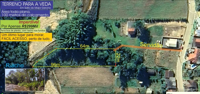 Imagem Terreno para a sítio, em Salto do Major Gercino SC. Com área plana, com terra boa de plantio. Tem mais de 30 metros um lindo RIACHO nos fundos, com ág