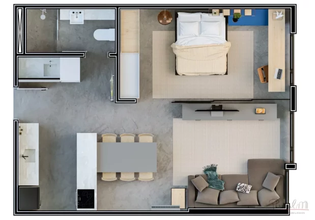 Imagem Apartamento de 1 dormitório, cozinha americana, área de serviço, e banheiro social. O Viva Trinda...