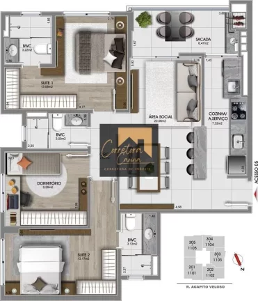 Imagem Apartamento no 3º andar com 96,50m² privativos, 3 quartos sendo 2 suítes e 1 quarto de soltiero t...