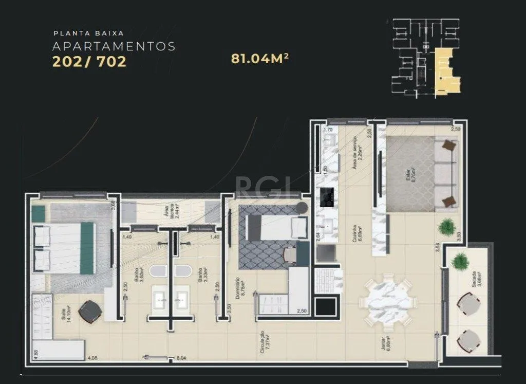Imagem Apartamento para Venda - 81.04m², 2 dormitórios, sendo 1 suites, 1 vaga - Centro