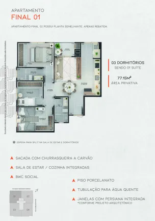 Imagem Apartamento com 3 Quartos à Venda, 78 m²em São Cristóvão - Criciúma