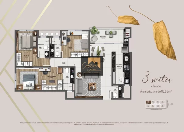 Imagem Apartamento no 6º andar com 115,85m² privativos, 3 quartos sendo 3 suítes com persianas automatiz...