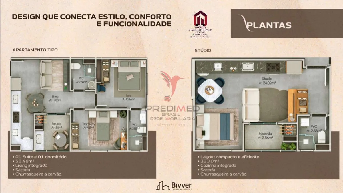 Imagem Apartamentos 1 Quarto , 33m2 e 2 Dorm 58m2 no Bivver Residence Em Piçarras SC BRASIL