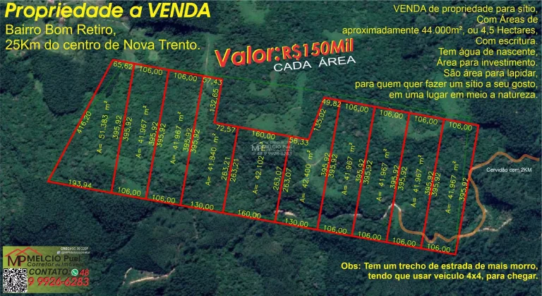 Área de 4 Hectares, para fazer sítios em meio a natureza. em Bom Retiro Nova Trento SC