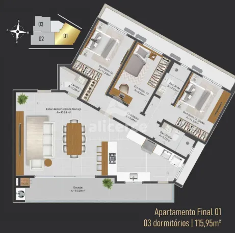 Imagem Apartamento de 115 m² com 3 Dormitórios, 1 Suíte e Varanda Gourmet, no Bairro Pagani - Palhoça/SC
