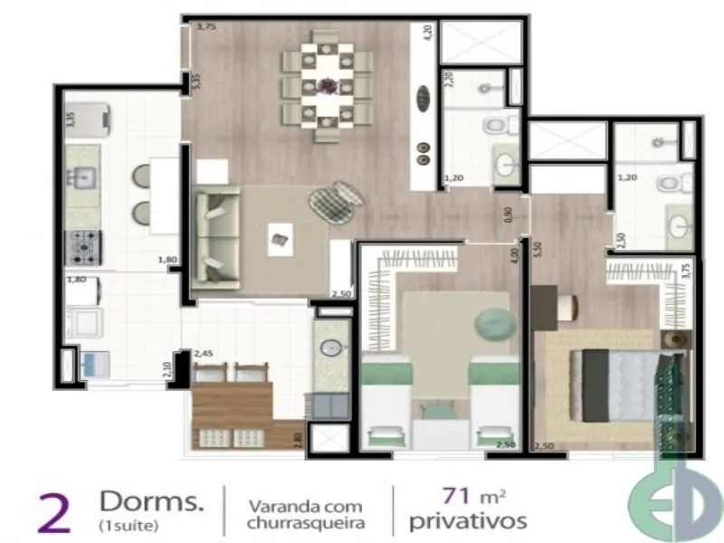Imagem Apartamento à venda no Condomínio Varandas Santa Paula em São Caetano do Sul-SP: 2 quartos, 1 suíte, 2 banheiros, 1 vaga, 71m².