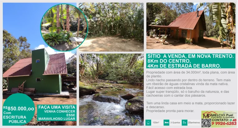 Foto do imóvel Sitio rural para Venda, bairro Alto Silva, Nova Trento 3 dormitórios, 1 sala, 2 banheiros, 1 vaga 100,00 m² construída, 34.000,00 m² terreno. em Alto Silva, Nova Trento SC