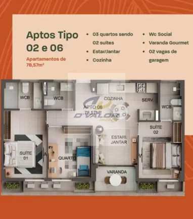 Imagem Vendo aptos em construção, 57m2 ou 77m2, varanda gourmet, sala p/ 2 ambts, 2/3 quartos com 1/2 suites, 2 vagas