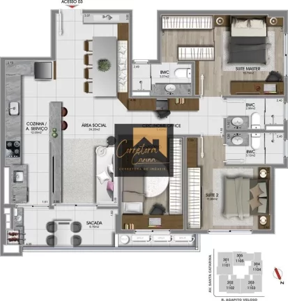 Imagem Apartamento no 3º andar com 111,02m² privativos, 3 quartos sendo 2 suítes com persianas! Sala de ...