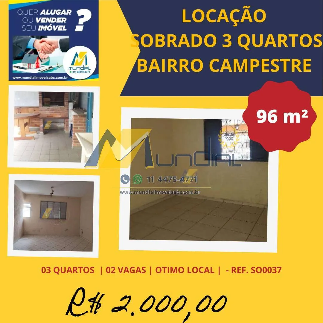 Imagem Sobrado para Alugar com 96m², 3 dormitórios, 1 sala e 2 vagas!!!