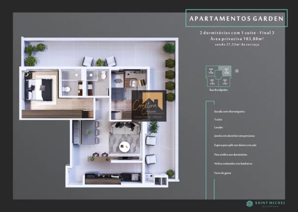 Imagem Apartamento no 5º andar com 103,88m² privativos, 2 quartos sendo 1 suíte com persianas integradas...