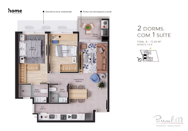 Imagem Apartamento de 2 dormitórios sendo 1 suíte, 1 garagem. Sala de estar e jantar; Sacada com churrasq...