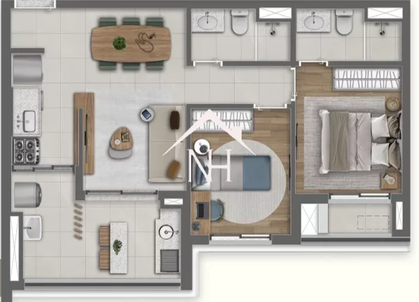 Imagem apartamento de 61m c/ 2 dormitórios (1 suíte), 2 vagas, terraço gourmet, Brinquedoteca, Piscinas, salão de jogos e festas, playground, academia, lobby