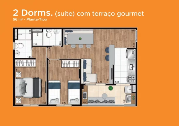 Imagem Jardim Imperador | 2 dormitórios | Sacada Gourmet | 1 vaga | 45mts