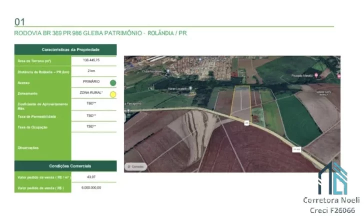 Área terreno, 136.445,75m2 , ótima área liberado para industrial e residencial em Rolândia PR