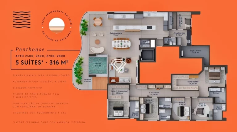 Imagem Penthouse 5 Suítes, 316 m² c/ Piscina à venda no Horizonte Urban - Graciosa