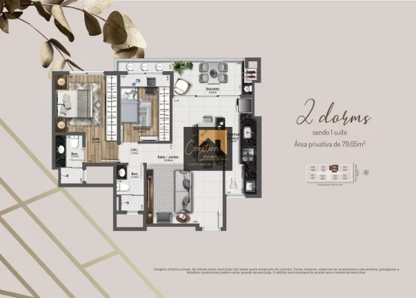 Imagem Apartamento no 5º andar com 79,05m² privativos, 2 quartos sendo 1 suíte com persianas automatizad...