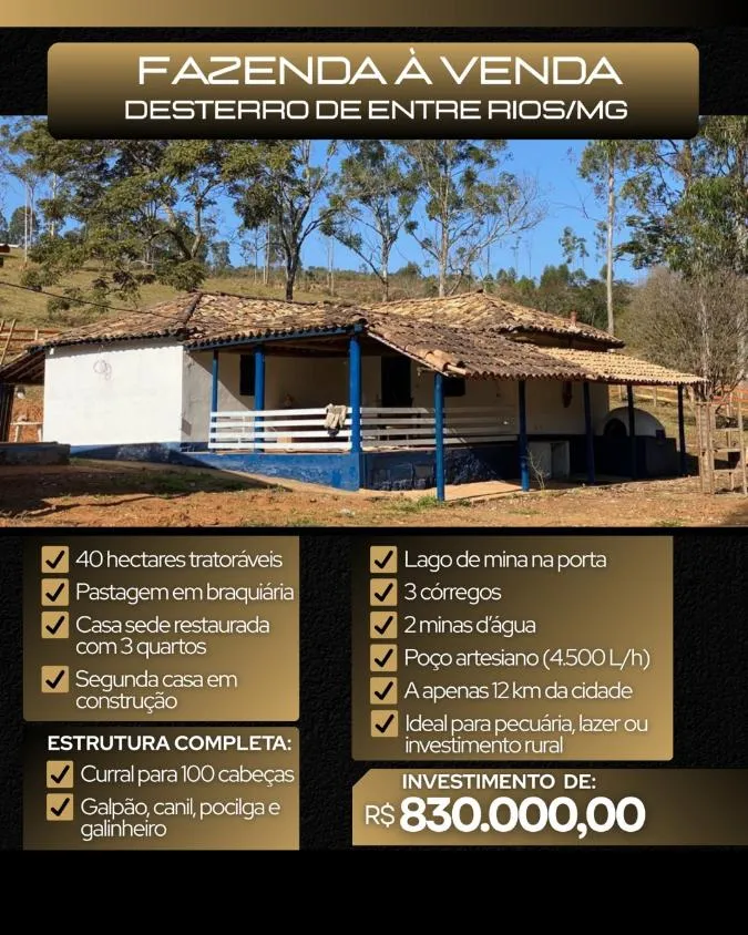 Foto do imóvel Fazenda à venda em Desterro de Entre Rios/MG Área total de 41,0725 hectares