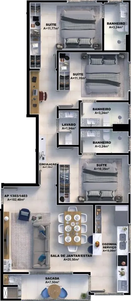 Imagem Apartamento em construção, 3 dormitórios com suíte na Pedra Branca - Palhoça - SC