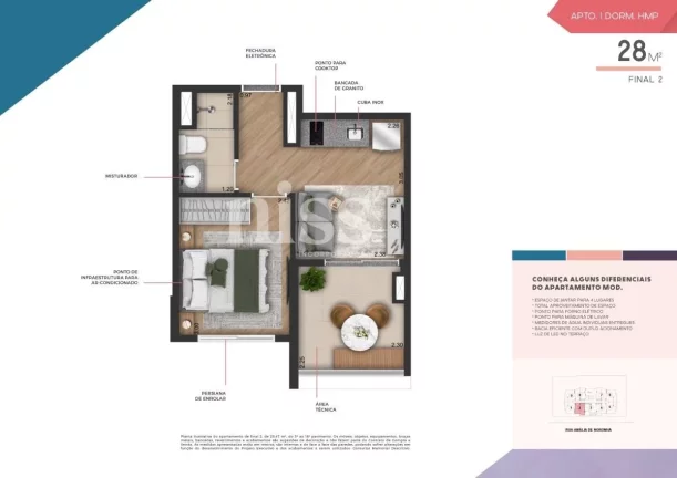 Imagem MOD PINHEIROS - NISS - Studio de 28m² (R), ótima localização, a 260m da estação Sumaré do Metrô!