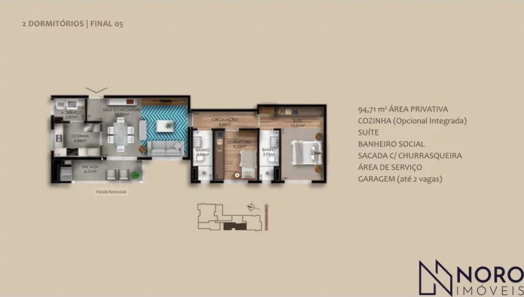 Imagem Apartamento mobiliado 2 dormitórios, suíte, 94 m² no Centro