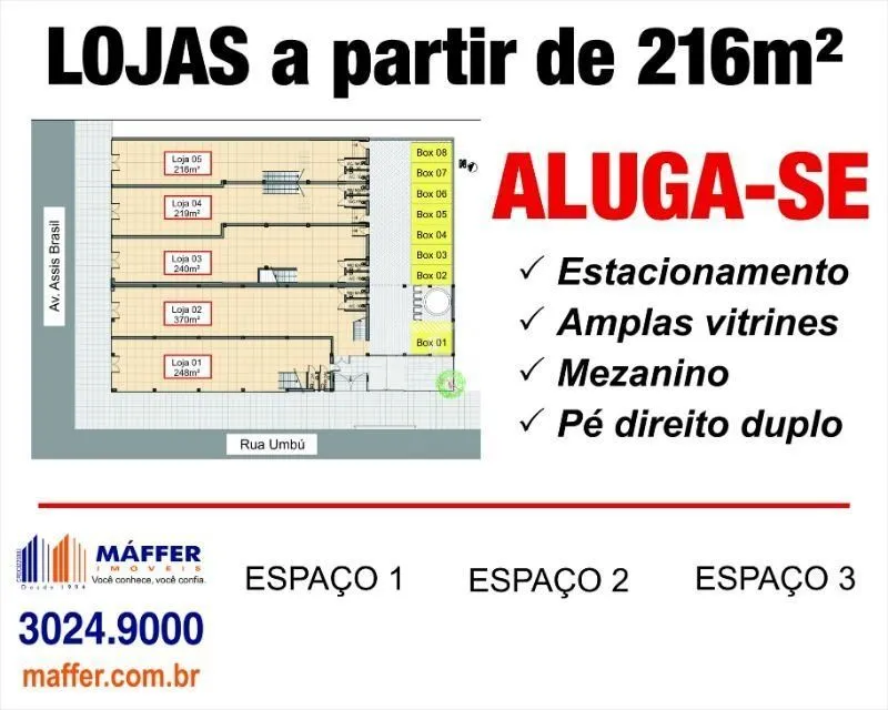 Imagem MÁFFER IMÓVEIS ALUGA - AMPLA LOJA COMERCIAL NA AV. ASSIS BRASIL Loja comercial com 246m² de área privativa, excelente fachada para divulgação da sua marca e localização estratégica em uma das avenidas mais movimentadas da Zona Norte.