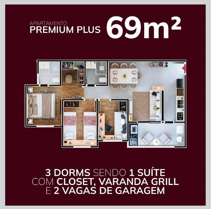 Imagem Apartamento de 69m² com 3 Dormitórios localizado no Reserva Carvalho Residencial