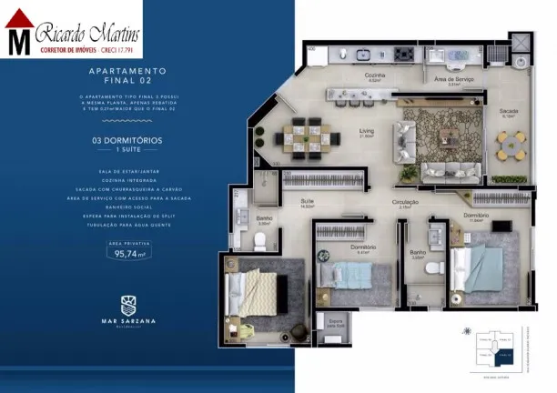 Apartamento com 3 Quartos à Venda, 96 m² em Mar Grosso - Laguna