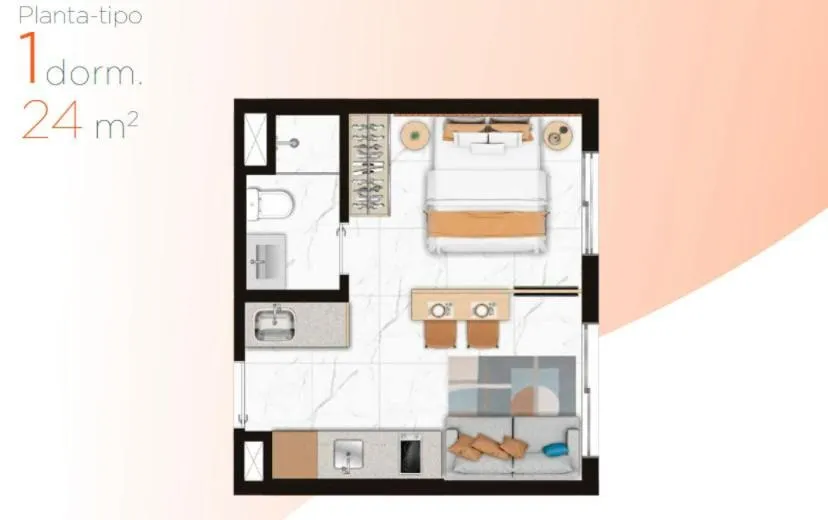 Imagem Apartamento com 1 Dormitório de 24,55m² no Studio Viva Benx Pompéia