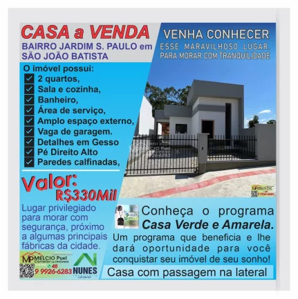 CASA a VENDA ACABAMENTO DIFERENCIADO!!! Casa com passagem lateral e pátio nos fundos. CASA a VENDA no BAIRRO JARDIM SÃO P em Jardim São Paulo São João Batisita SC