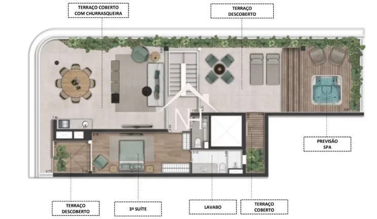 Imagem duplex de 300m c/ 3 suítes,3 vagas,terraços coberto e descoberto c/jacuzzi,brinquedoteca,piscinas,quadra de areia,pilates,pet place,sauna,fitness