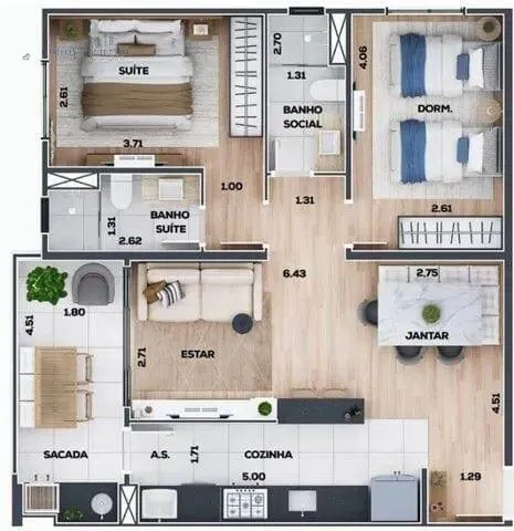 Imagem Apartamento à venda 2 Quartos, 1 Suite, 1 Vaga, 76.11M², Jardim das Nações, Taubaté - SP | Condomínio Guaecá