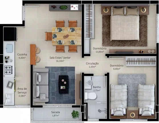Imagem Apartamento com 2 Quartos à Venda, 55.160 m² em Ana Maria - Criciúma