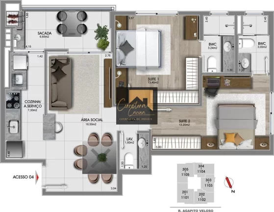 Imagem Apartamento no 4º andar com 79,15m² privativos, 2 quartos sendo 2 suítes com persianas! Sala de e...