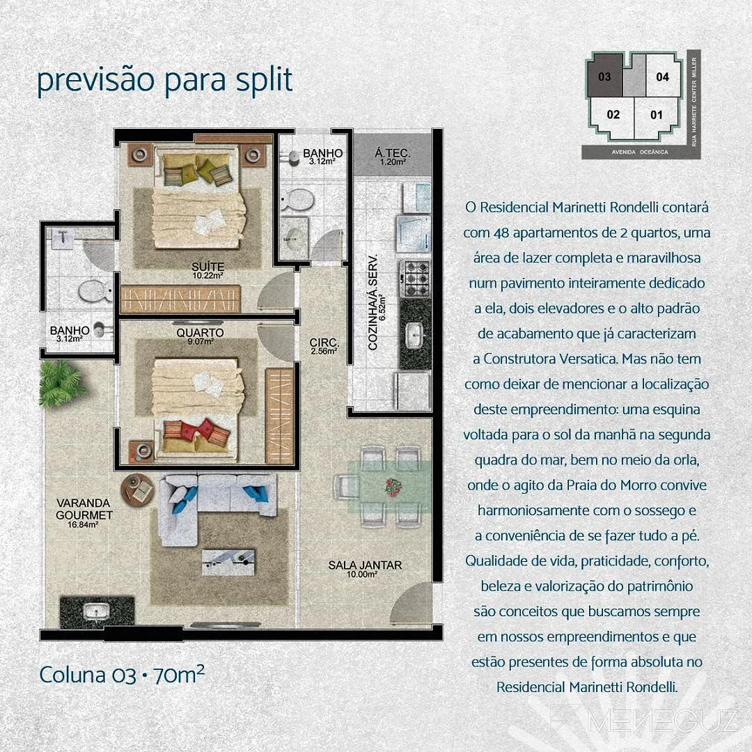 Imagem Marinetti Rondelli - Lançamento na Praia do Morro, com apartamentos a venda de 2 quartos, a uma quadra do mar e lazer completo