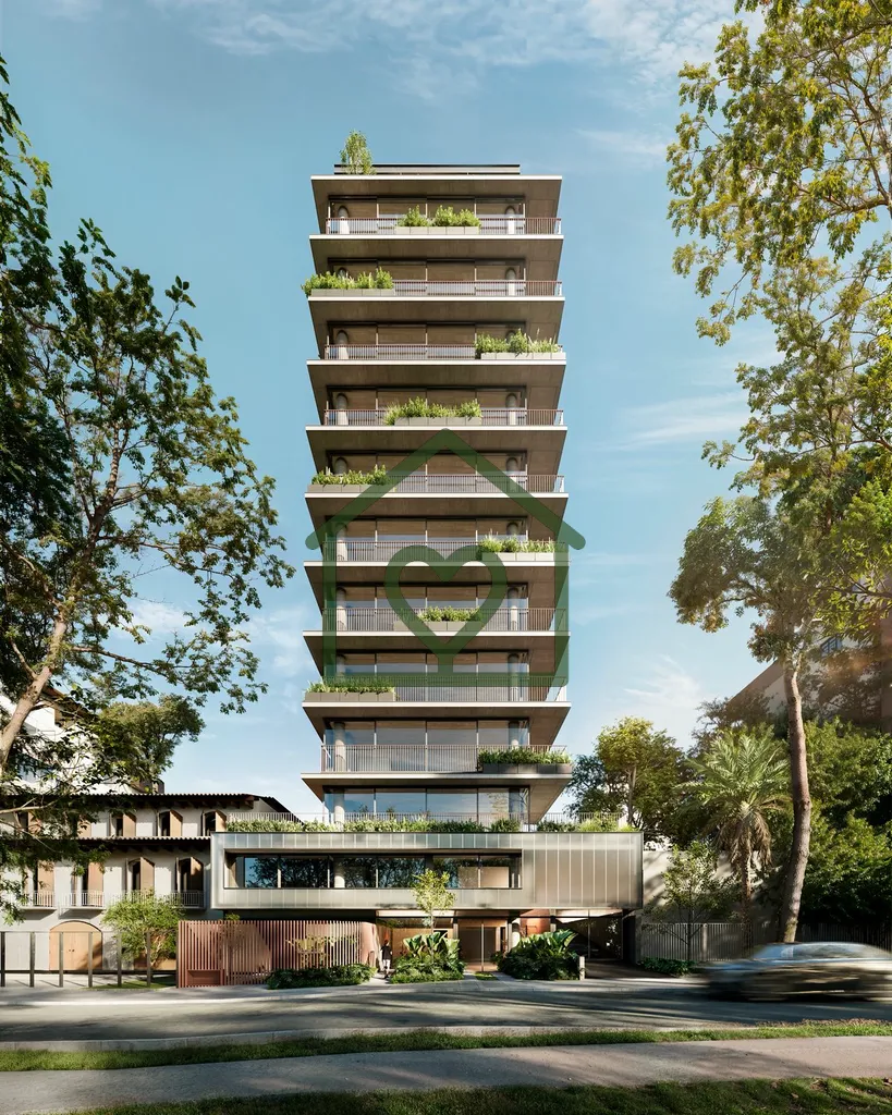 Imagem Edifício de alto padrão com um apartamento por andar situado em frente a uma praça. Preço e disp...