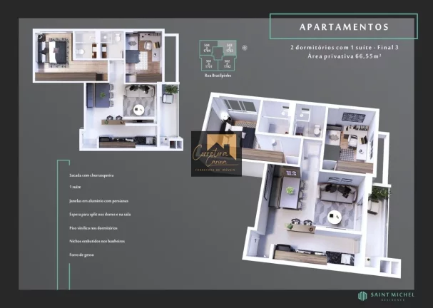 Imagem Apartamento no 9º andar com 66,55m² privativos, 2 quartos sendo 1 suíte com persianas integradas!...