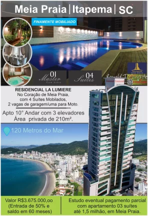 Imagem Vendo Apartamento em Meia Praia Itapema, Residencial La Lumiere, 200 Metros do Mar. Com 4 Suítes, 210m² de área privada. 3 elevadores, 2 garagens.