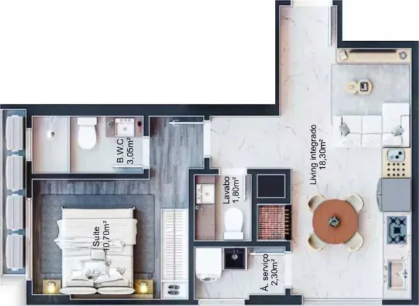 Imagem Studio na planta com 1 dormitório e 1 vaga de garagem no bairro Perequê em Porto Belo